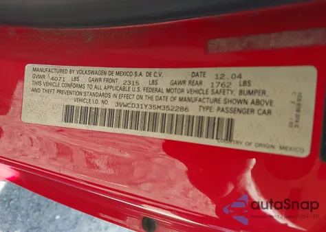 2005 Volkswagen New Beetle Gls 1.8T z USA, uszkodzony, nr VIN 3VWCD31Y35M352286